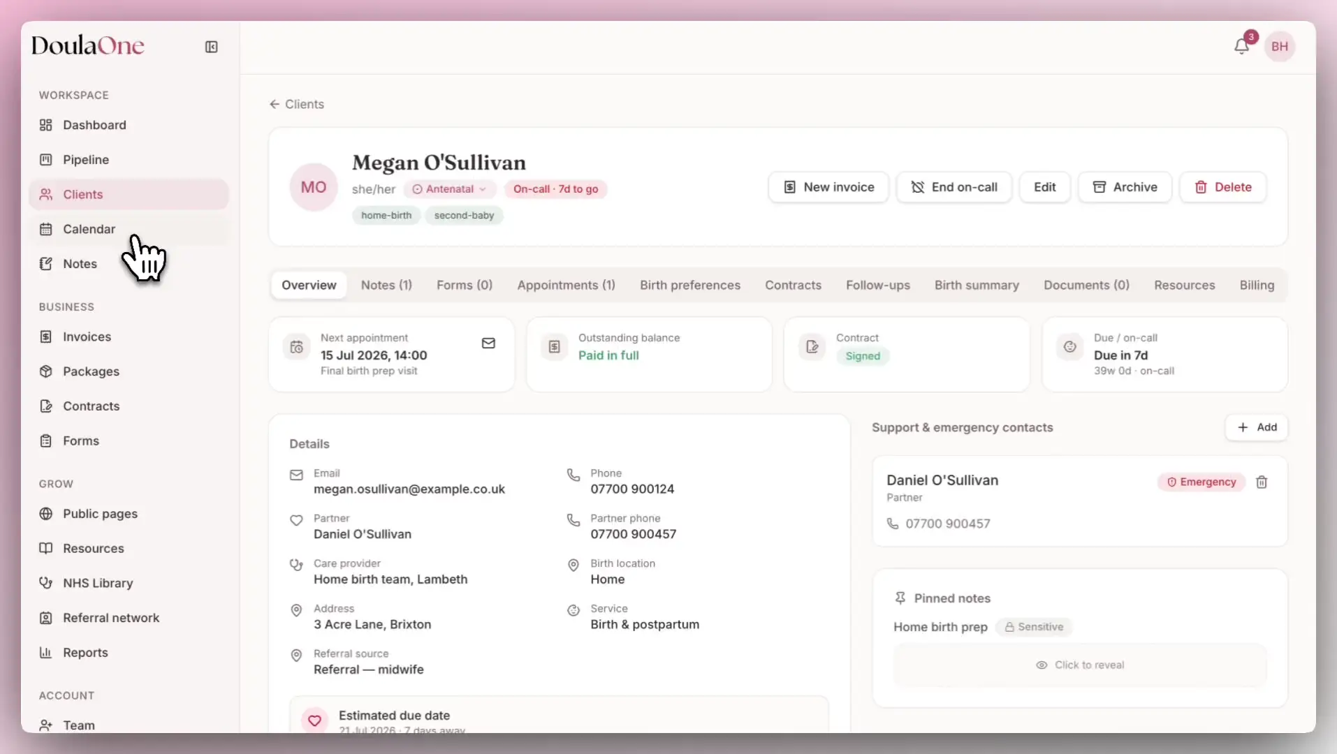 DoulaOne calendar with due dates and appointments