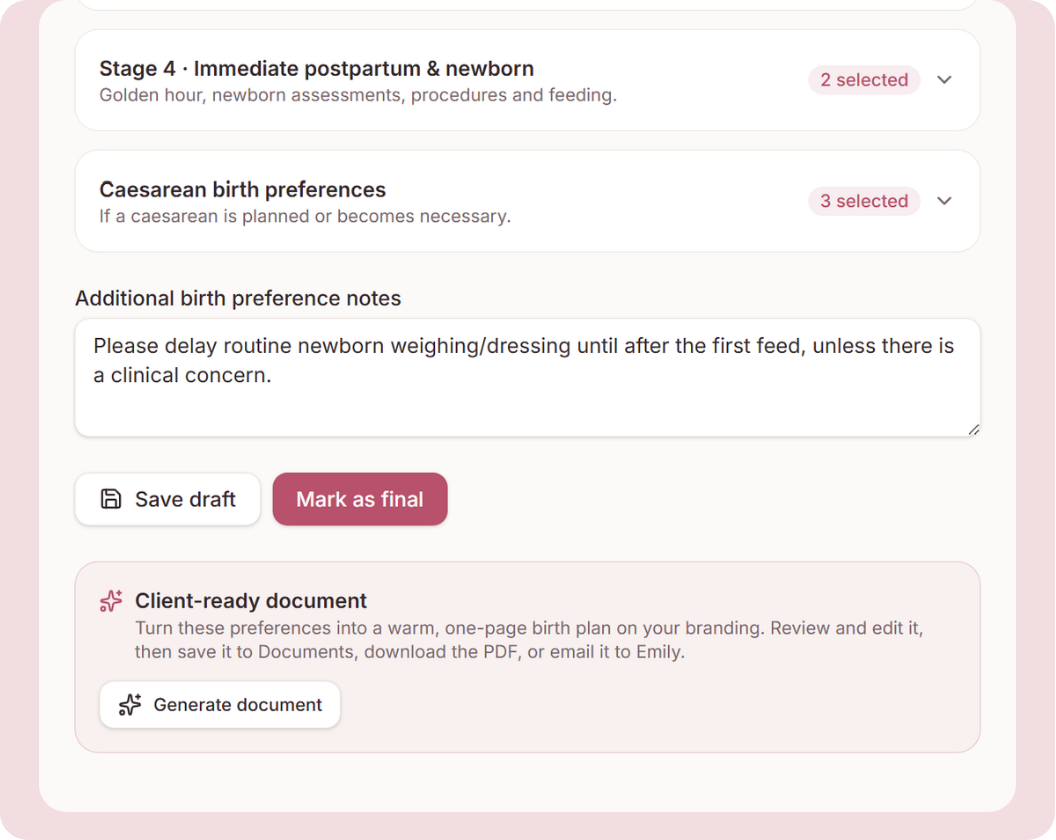 DoulaOne birth plan builder
