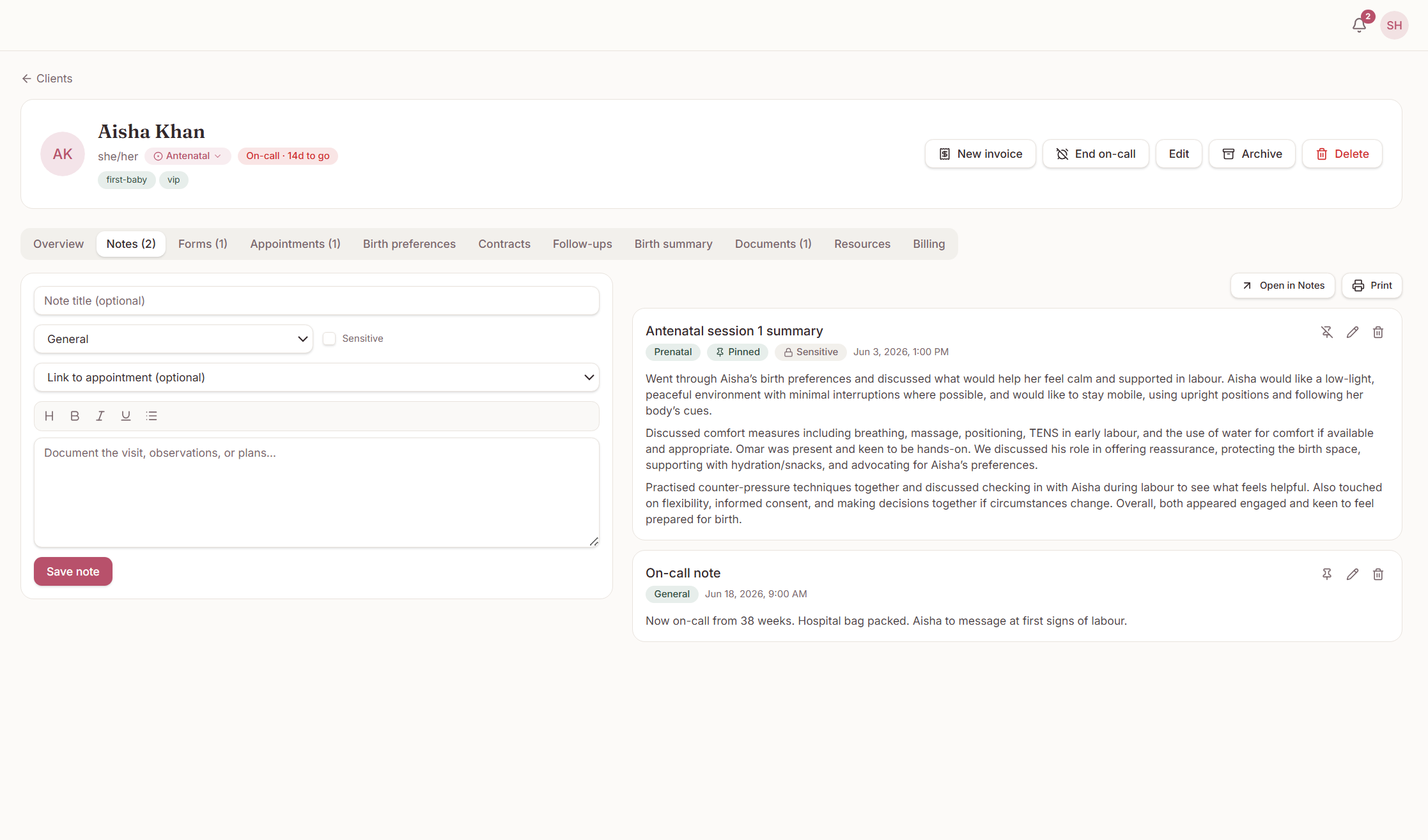 DoulaOne client notes and documents