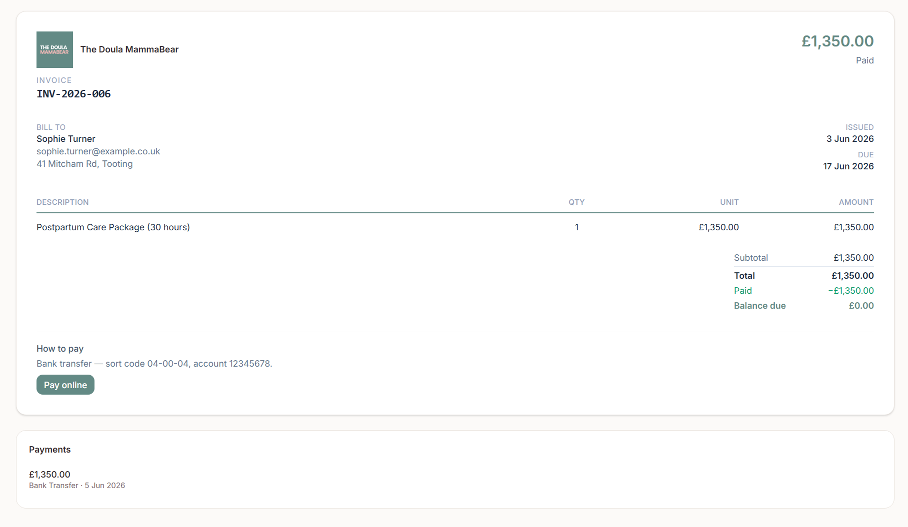 DoulaOne invoices and payments