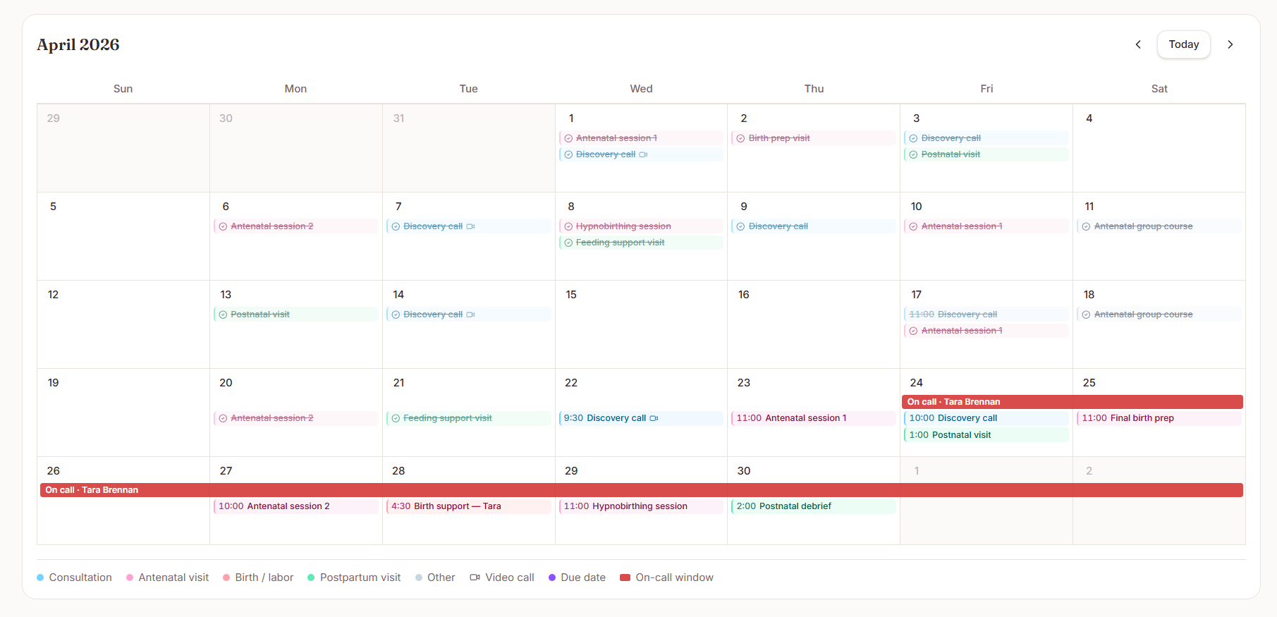 DoulaOne calendar